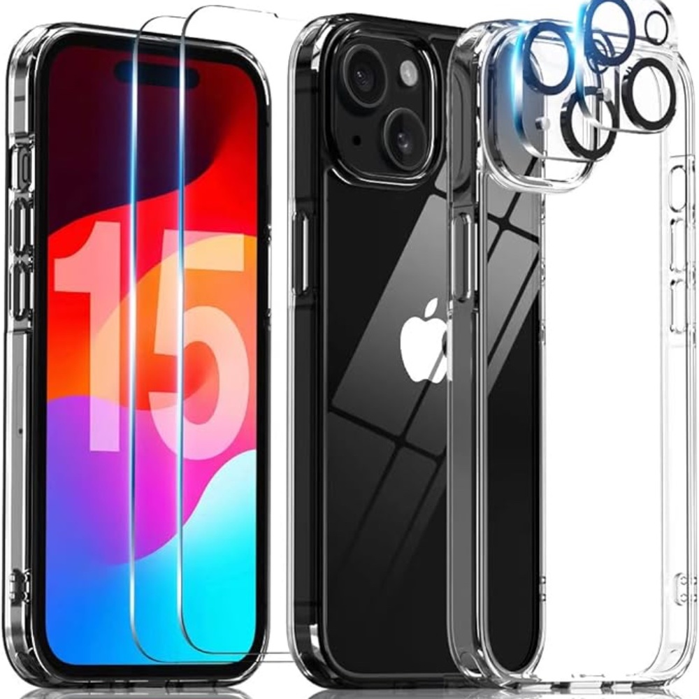 New iPhone 15 Clear Case w/ 2 Glass Screen Protector + 2 Camera Lens Protector